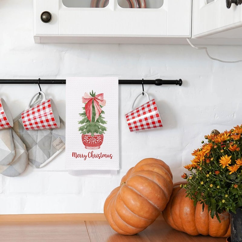 SPBL&L Merry Chinoiserie Christmas Kitchen Towels, Red Porcelain Tree Hand Towels for Bathroom, Red Bow Dish Towels, Kitchen Bathroom Decor, 16x24 Inch - Image 3